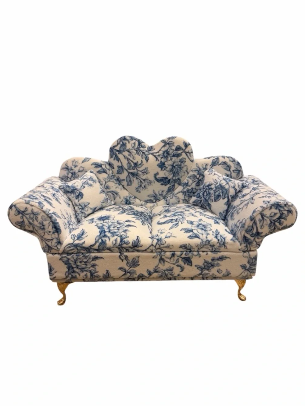 Blue White Floral Toile Sofa Jewelry Box Heart Back Miniature